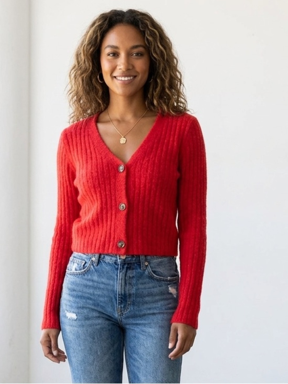 Sincerely Jules Soft Red Ribbed V-Neck Button Up Cardigan, Women’s Size Large